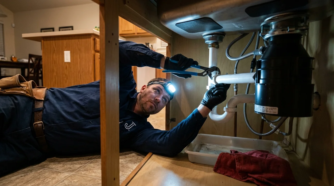 P-trap and supply line connections under a kitchen sink showing a common leak point in Lake Mary, FL